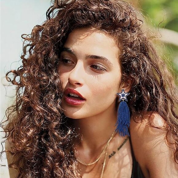 Yellow Gold and Blue White Beaded Star Tassel Fringe Dangling Boho Post Earrings - Picture 7 of 7